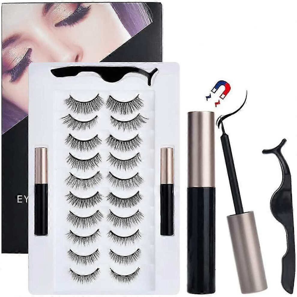 10 Pair Magnetic Eyelashes with Waterproof Eyeliner, Reusable No-Glue False Lashes