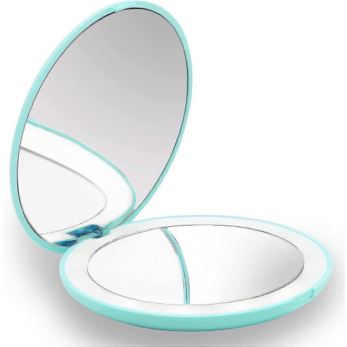 1x/10x Green LED Magnifying Compact Mirror – Foldable Pocket Lighted Travel Makeup Mirror