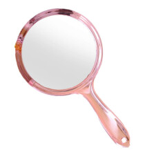Pinkfarbener, doppelseitiger Handspiegel (1x/2x Vergrößerung), transparenter, abgerundeter Kosmetikspiegel mit Griff