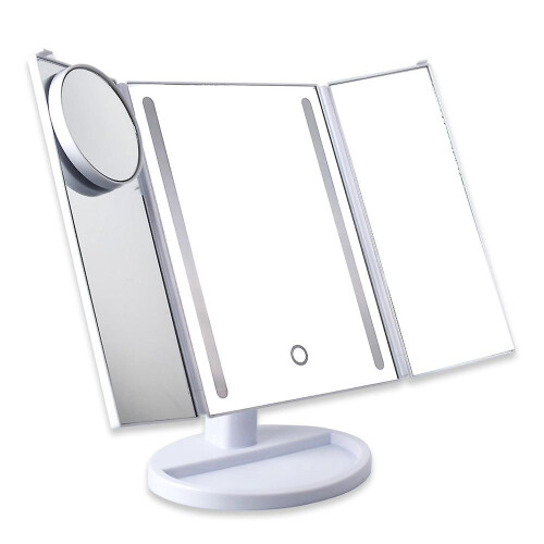 LED Tri-Fold Makeup Mirror, Touch Screen Illuminated, 180 Adjustable Cosmetic Mirror