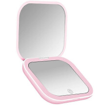 Kompakter, pinkfarbener Mini-Schminkspiegel mit LED-Beleuchtung, 2-facher Vergrößerung, faltbarer Taschenspiegel