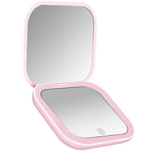 Pink Compact Mini Vanity Mirror with LED Lights, 2X Magnifying, Folding Handheld Pocket Mirror