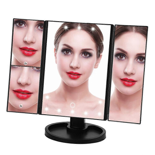 Tri-Fold 22 LED 360 Rotating USB Makeup Mirror, Touch Screen Black