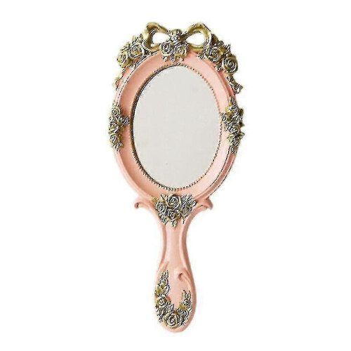 Cute Vintage Handheld Pink Makeup Mirror with Handle, Vanity Gift