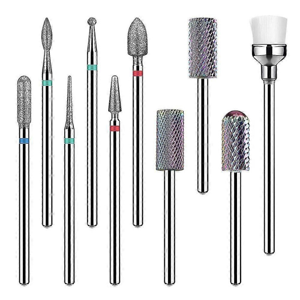 Silver 10pcs Tungsten Carbide Nail Drill Bits Set, Diamond Milling Cutters for Electric Manicure