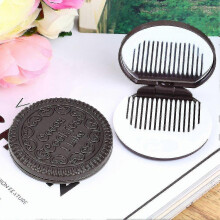 Brown Cute Cookie Shaped Mirror Makeup Comb Pocket Stand Mirror