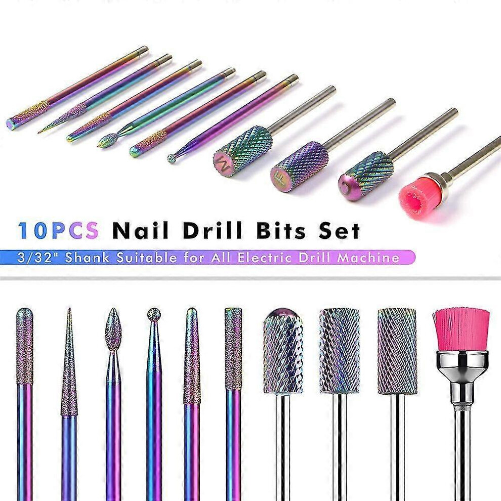 10pcs Tungsten Carbide Nail Drill Bits Set, Diamond Milling Cutters Kit for Electric Manicure Machine