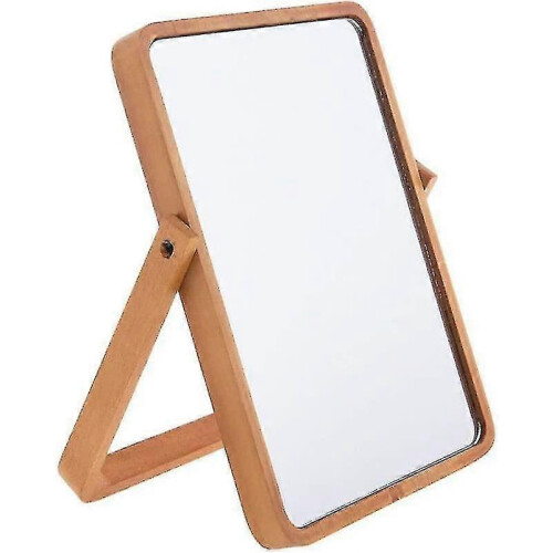 Wooden Desktop Mirror with Stand – Folding HD Rectangular Vanity Mirror, Free Standing Bathroom Mirror