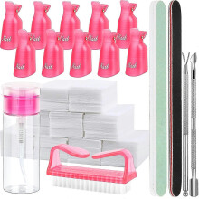 Gel Nail Polish Remover Kit: 100ml Remover, 500 Cotton Pads, Nail Clips, Brush & Cuticle Pusher