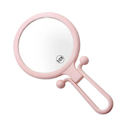 10X Handheld Magnifier, Double Sided Folding Makeup Mirror, Portable Adjustable Handle (Pink)