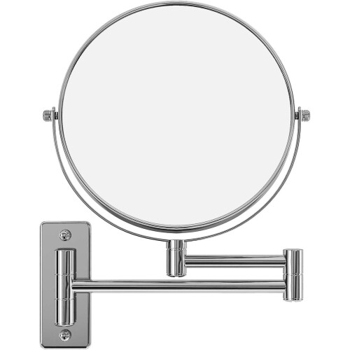 8" Double LED Magnifying Mirror, Wall Mounted 360 Swivel, Chrome, Extendable, Battery Powered
