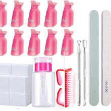 10pcs Nail Tweezer & Gel Pads + 150ml Pressed Powder Bottle Cap + Large Brush + Small Pusher + Polishing Strips + Purple