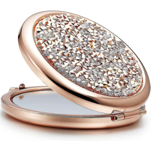 Compact Mini Diamond Magnifying Round Metal Pocket Makeup Mirror