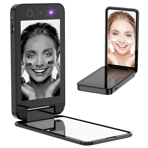 UV Sunscreen Camera Mirror 4" Touch Display, Rechargeable Double-Sided Travel Makeup Mirror, Dark Black