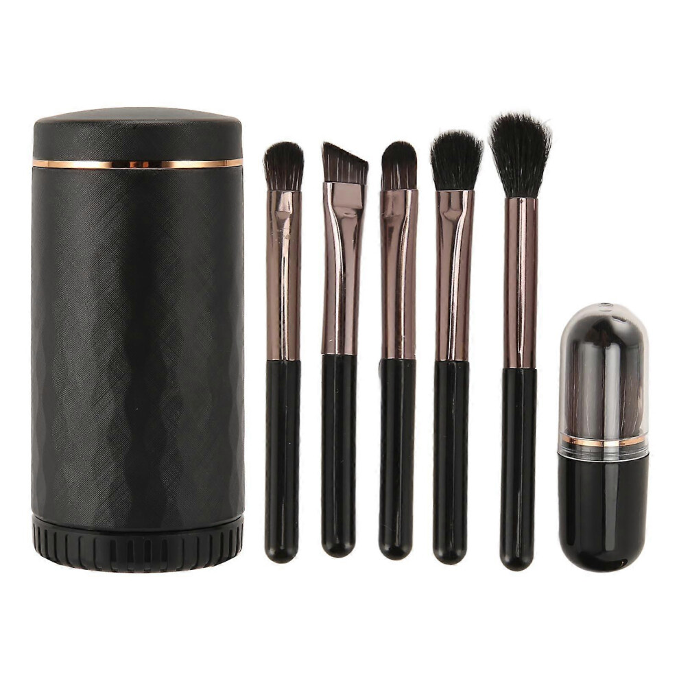 6 in 1 Portable Makeup Brush Set, Synthetic Foundation, Powder & Eye Shadow Brushes with Mirror, Black