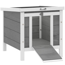 Gaiola de madeira para coelhos, ideal para uso externo, com telhado de asfalto e abertura para pequenos roedores.