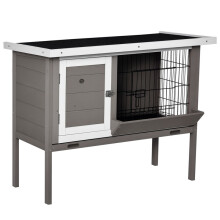 Gaiola de madeira para coelhos, para uso externo, 91x46x71 cm, com telhado articulado, comedouro, bandejas removíveis e 2 portas.
