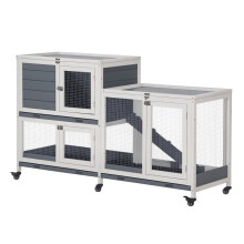 Conigliera in legno 147x45,5x88,5 cm, gabbia a 2 livelli con ruote, tetto apribile, 2 recinti in metallo