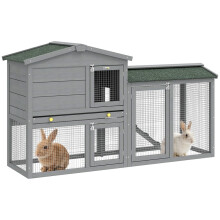 Gaiola de madeira para coelhos com 2 níveis, telhado de asfalto, bandeja removível e escada para uso externo.