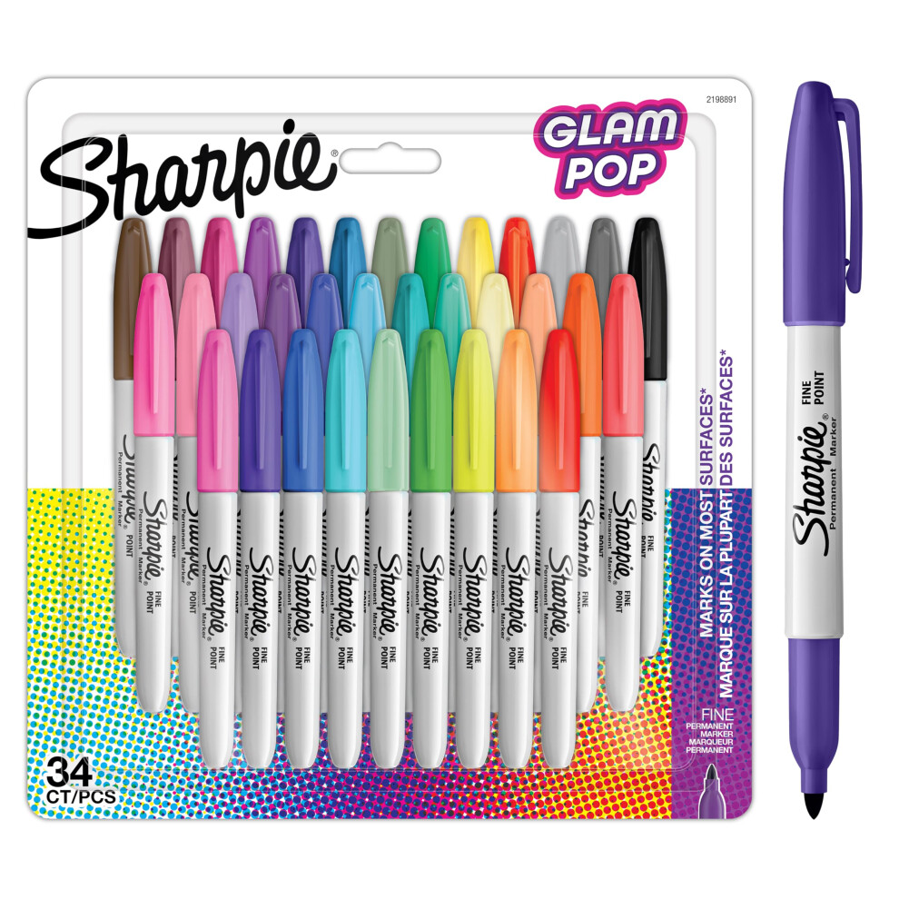 Sharpie Glam Pop Permanent Markers | Fine Point For Bold Details | Assorted Vibrant Colours | 34 Marker Pens