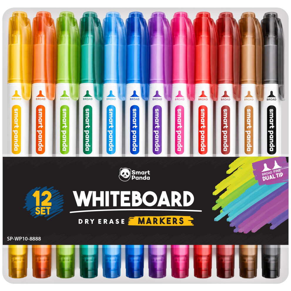 12 Whiteboard Pens by Smart Panda Dual Tip Whiteboard Markers Medium and Fi - Image 3