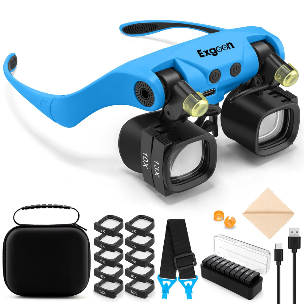 Exgoon Light Magnifying Glasses With 2X To 23X Headband Magnifier With 5 Pairs Interchangeable Lens (2X 4X 6X 10X 13X), Hands Free Rechargeable Magnifying