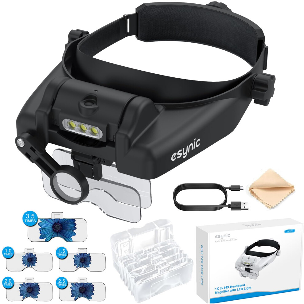 Esynic Headband Magnifier Professional 1X To 14X Head Magnifying Glass With Light Rechargeable Headset Magnifying Glasses With 3 Leds &5 Detachable L