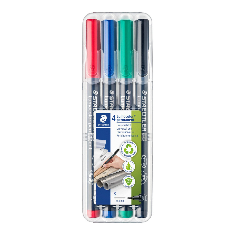 Staedtler 313 Wp4 Lumocolor Permanent Pen, Superfine Line Width, 0.4Mm - Assorted Colours (Pack Of 4)