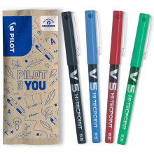 Pilot - Set of 4 V5 Liquid Ink Rollerball 0.5mm - Black, Blue, Red, Green - Fine