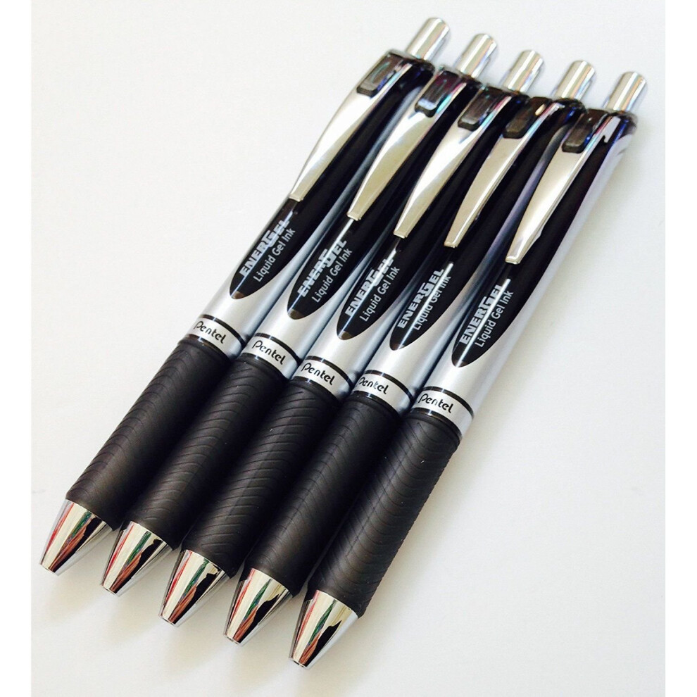 Pentel 5 X Bl77 Energel Retractable Ballpoint Pen Ink 0.7Mm Metal Tip Rubber Handle 5 Bl77-A Black
