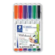 STAEDTLER Dry Wipe Whiteboard Pens - Lumocolor Compact - Bullet Tip - 1-2mm Line Width - Pack of 6, 341 WP6
