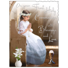 Jonny Javelin First Holy Communion Congratulations Card for Girls - Communion Congratulations Card with Artistic Girl in Church Design and Embossed F
