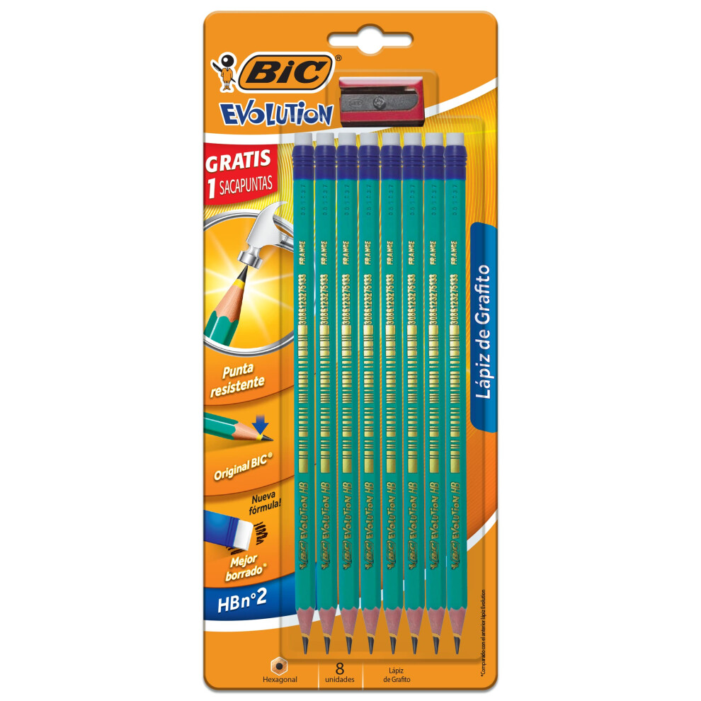 Bic Evolution Original, Erasable Hb Graphite Pencils With Eraser And Ultra Resistant Lead, Environmentally Friendly, Pack Of 8