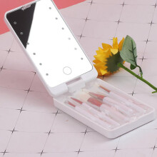 Miroir de maquillage LED blanc avec pinceaux cosmétiques, rotation libre à 360, format voyage, 9 x 2,5 x 16 cm