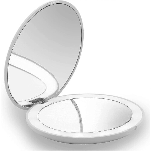 White Magnifying Compact Mirror 1x/10x LED Lighted Makeup Mirror, Portable Travel Foldable for Handbag