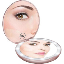 Miroir de poche rose compact avec éclairage LED (grossissement 1x/10x), pliable et portable, idéal pour les voyages et les sacs à main.