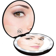 Black Magnifying Compact Mirror 1x/10x LED Lighted Travel Makeup Mirror, Foldable Pocket Illuminated for Handbag