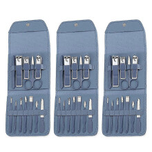 Ensemble de 12 pièces en acier inoxydable pour coupe-ongles et pédicure, étui de voyage en cuir bleu