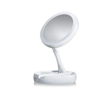 Miroir de courtoisie double face éclairé avec grossissement x10, pliable et compact.