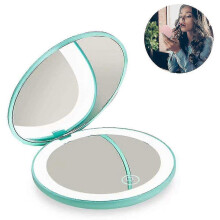 Miroir de maquillage de voyage rechargeable vert, grossissement x1 et x10, 12 LED, format sac Ă main