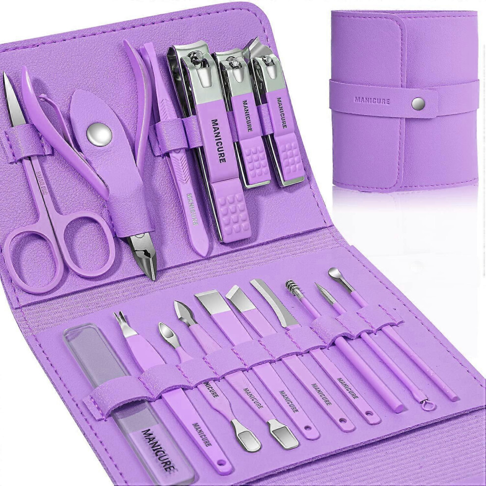 16pcs Stainless Steel Manicure & Pedicure Set, Professional Nail Clippers & Care Tools Kit, Violet