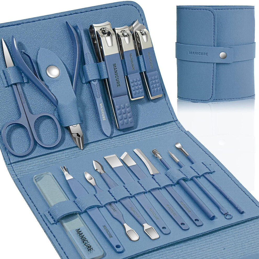Professional 17-Piece Manicure & Pedicure Set, Stainless Steel Nail Care Kit, Blue