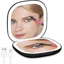 Miroir de maquillage compact Ă LED grossissant x3, double face, rechargeable par USB-C, miroir de poche portable pour les voyages (noir)