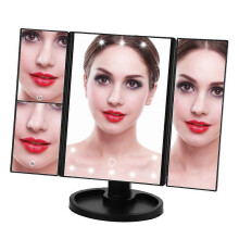 Miroir de maquillage pliable en trois parties, rotatif Ă 360 avec 22 LED et interface USB tactile, noir