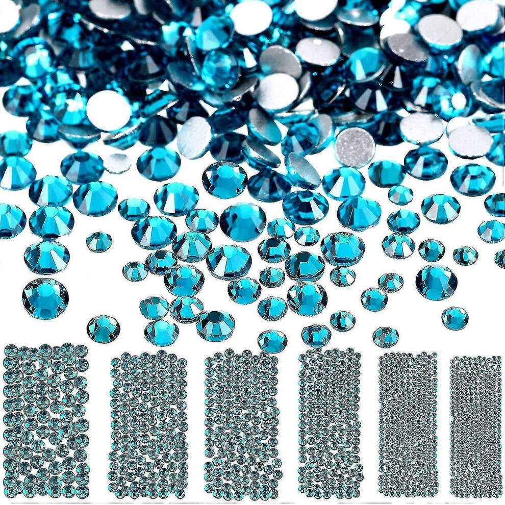 3456 Pcs Peacock Blue Flatback Glass Rhinestones, Round Crystals Gems, 6 Sizes
