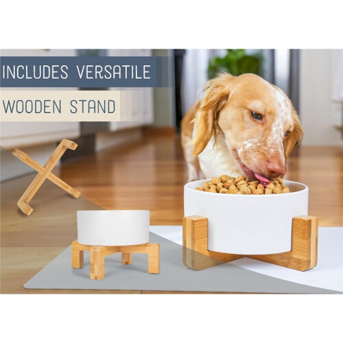 Gamelle de Luxe pour Animaux de Compagnie (Chats et Chiens) en Grès Blanc et Bois, avec Support 2