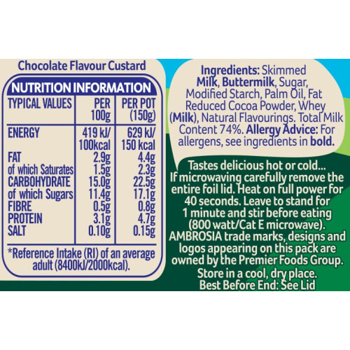 Ambrosia Ready-to-Eat Chocolate Flavour Devon Custard, 150 g Pot (1-Pack) 2