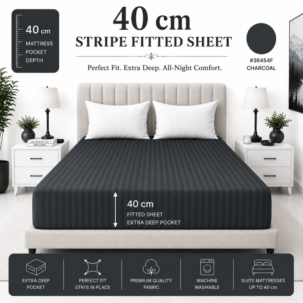 Imperial Rooms (King, Charcoal) Stripe Fitted Bed Sheet 40Cm Deep-Extra Deep Hotel Quality Fitted Sheet Uk