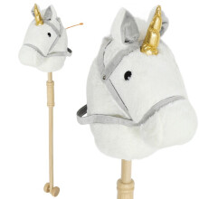 Tête de cheval avec bâton en bois, motif licorne, sons et roues, cheval jouet, 95 cm de haut, blanc