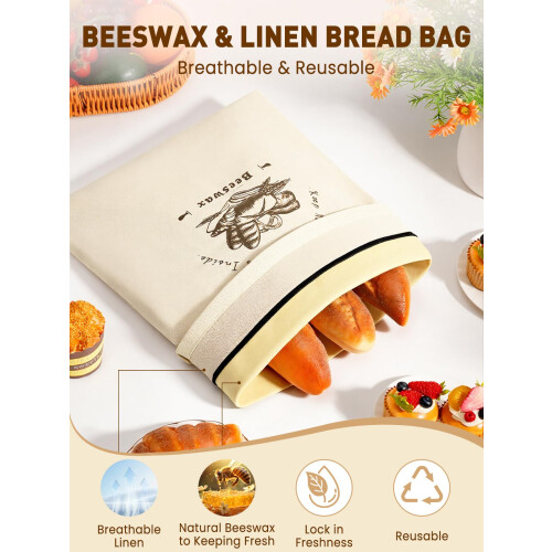 Weenkler Beeswax Bread Bag 2 Pack Reusable Linen Storage Bags with 1